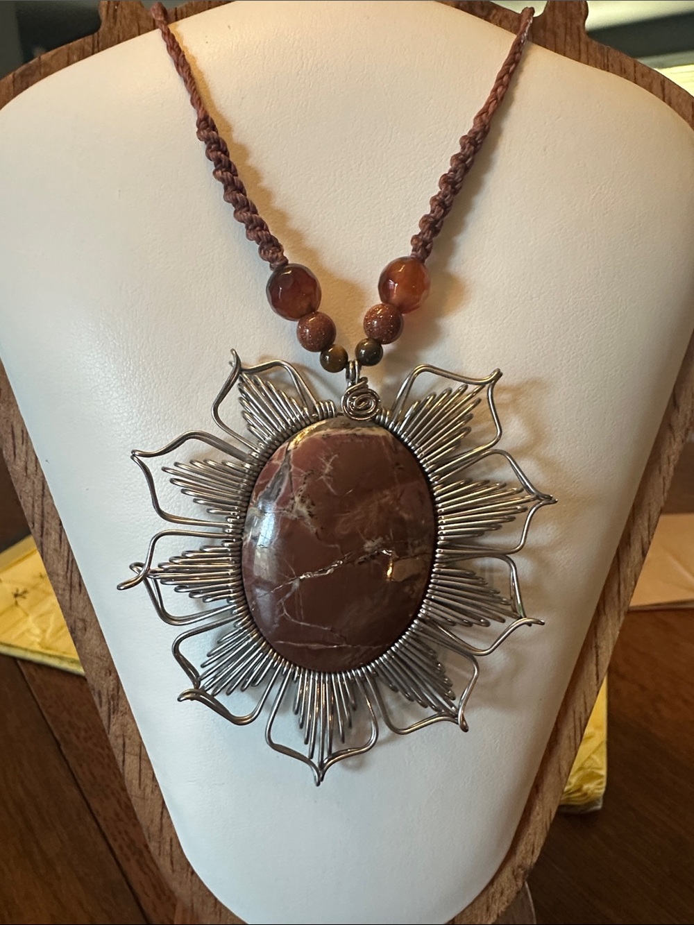 Brown Sunburst Stone Pendant Necklace - Handmade-Adjustable